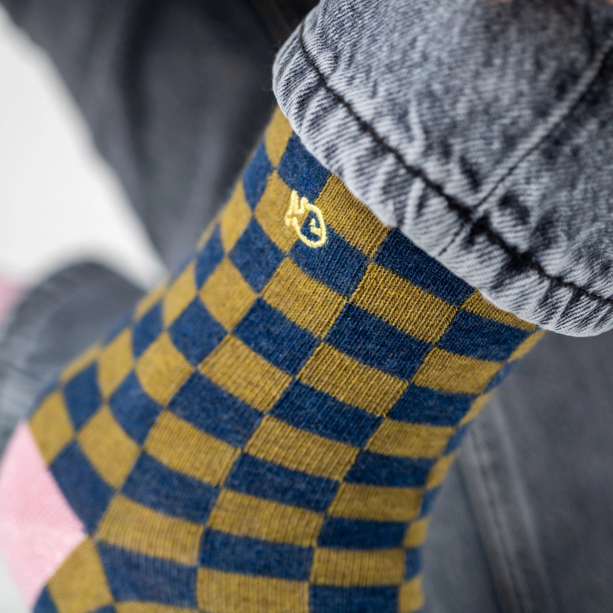 karierte Socken blau/oliv - rosa
