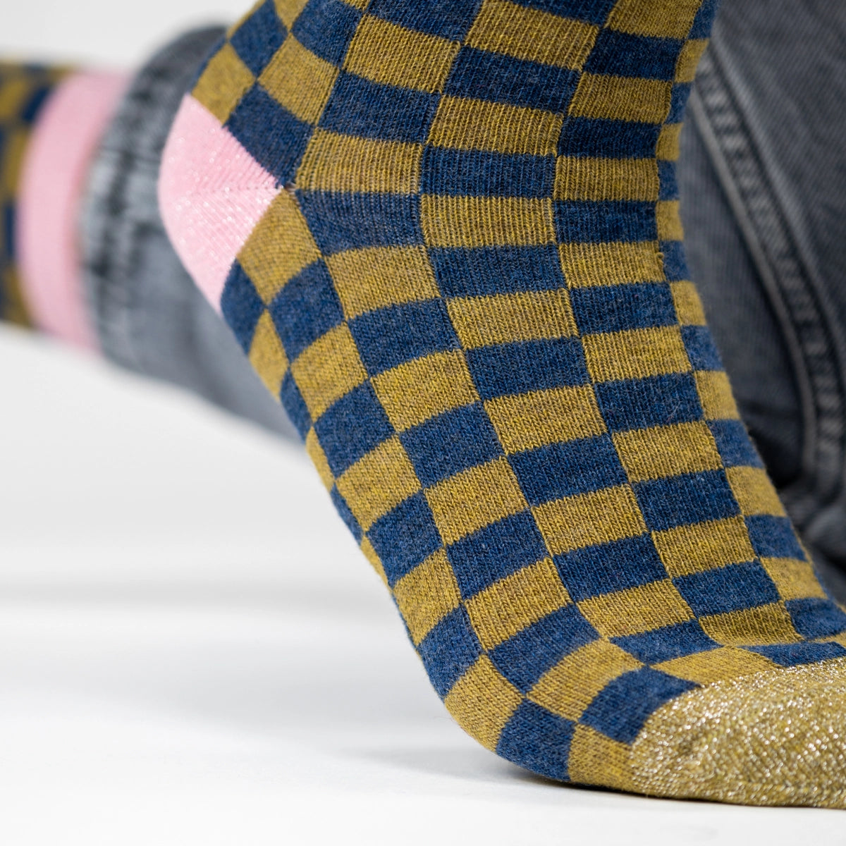 karierte Socken blau/oliv - rosa